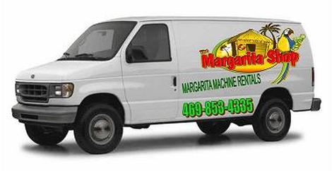 The Margarita Shop delivery van MARGARITA MACHINE RENTALS ALSO IN LEWISVILLE, FLOWER MOUND, HIGHLAND VILLAGE, COPPELL, ARGYLE, GRAPEVINE, PLANO, ARLINGTON, DENTON, BURLESON, FRISCO AND WEATHERFORD